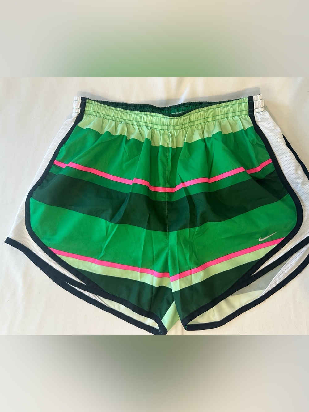 Nike Women’s Green and Pink Striped Athletic Shorts